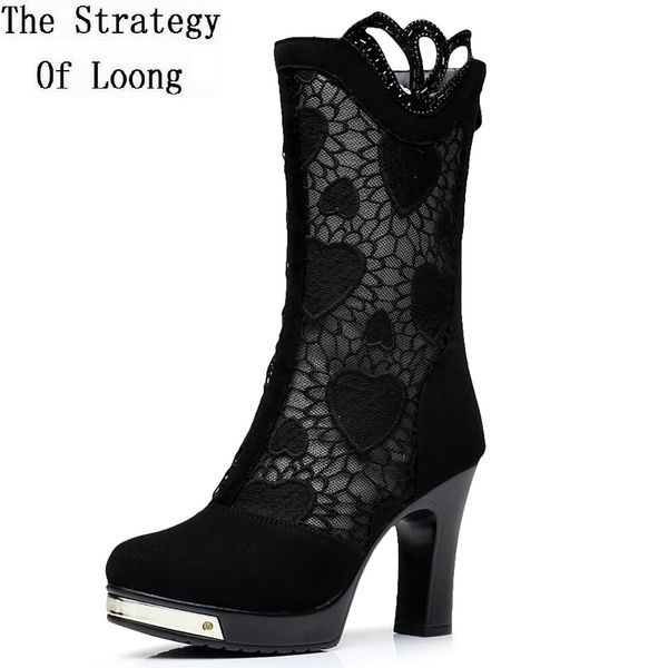 women summer nubuck genuine leather cut out lace half boots lady fashion breathable high heels knigh mid calf boots 20180418, Black
women summer nubuck genuine leather cut out lace half boots lady fashion breathable high heels knigh mid calf boots 20180418, Black