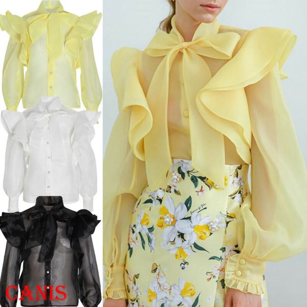 new fashion women's bowknot blouse ruffle mesh see through long puff sleeve casual button fashion shirt, White
new fashion women's bowknot blouse ruffle mesh see through long puff sleeve casual button fashion shirt, White