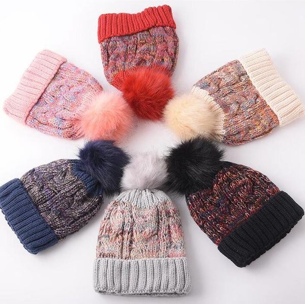 

women pompon beanie hat fashion winter colorful knitted fur ball hat outdoor causal warm knit crochet ski cap a0053, Blue;gray
