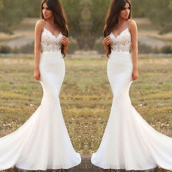 2020 country mermaid wedding dresses spaghetti backless sweep train appliques illusion bodice long beach garden country bridal gowns, White
2020 country mermaid wedding dresses spaghetti backless sweep train appliques illusion bodice long beach garden country bridal gowns, White