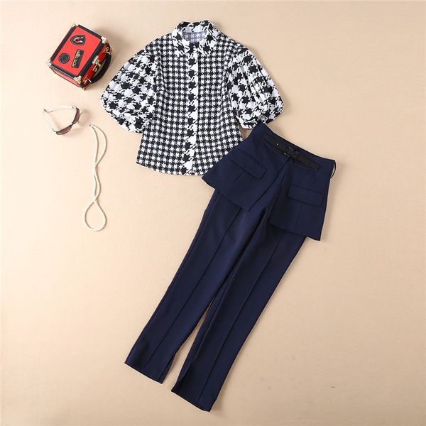 2019 spring new designer women's pants suit set elegant plaid print lantern sleeves blouse+trousers 3piece set office outfits, White
2019 spring new designer women's pants suit set elegant plaid print lantern sleeves blouse+trousers 3piece set office outfits, White