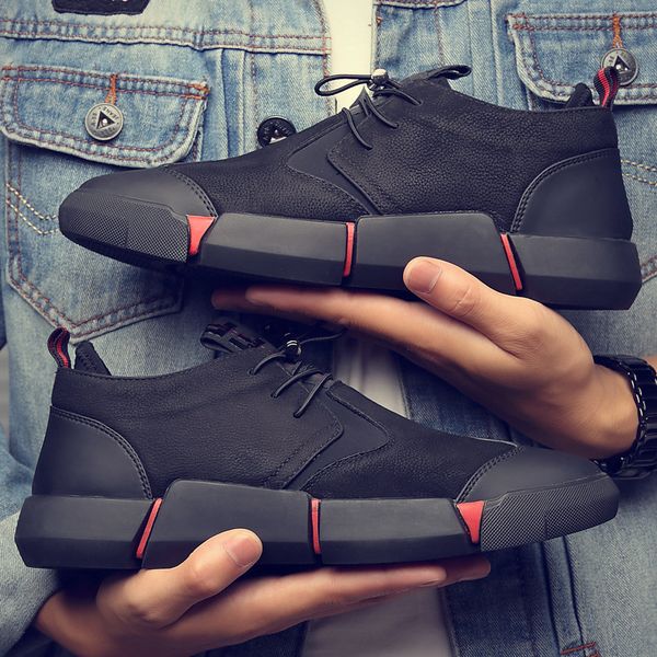 new brand all black men's leather casual shoes fashion breathable sneakers fashion flats big plus size 45 46