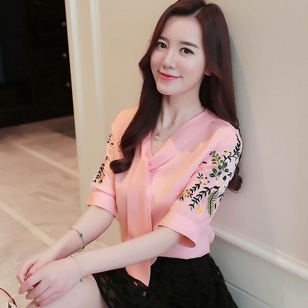 ladies casual v neck tie blouse plus size elegant embroidered flower chiffon shirt women korean office short sleeve ribbon shirt, White
ladies casual v neck tie blouse plus size elegant embroidered flower chiffon shirt women korean office short sleeve ribbon shirt, White