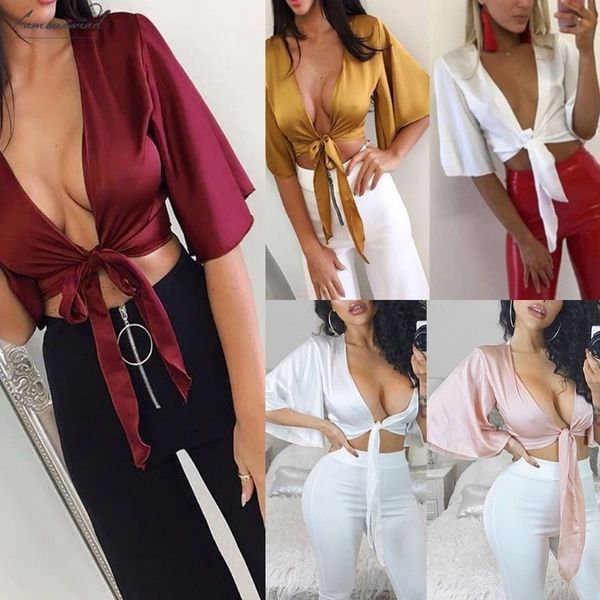 women front flared short sleeve shirt plunge neck crop ladies satin tie knot soft deep v neck solid shirts, White
women front flared short sleeve shirt plunge neck crop ladies satin tie knot soft deep v neck solid shirts, White