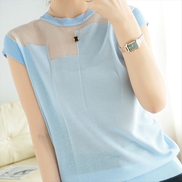 2020 mesh bare shoulder ice silk t-shirt round collar women's color matching knitted short sleeve t-shirt stitching thin, White
2020 mesh bare shoulder ice silk t-shirt round collar women's color matching knitted short sleeve t-shirt stitching thin, White