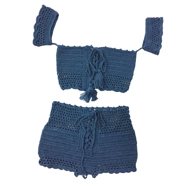 bohemian style women's bandage crochet blue lace knit summer beach party bikini swimwear crop shorts set, White;black 
bohemian style women's bandage crochet blue lace knit summer beach party bikini swimwear crop shorts set, White;black