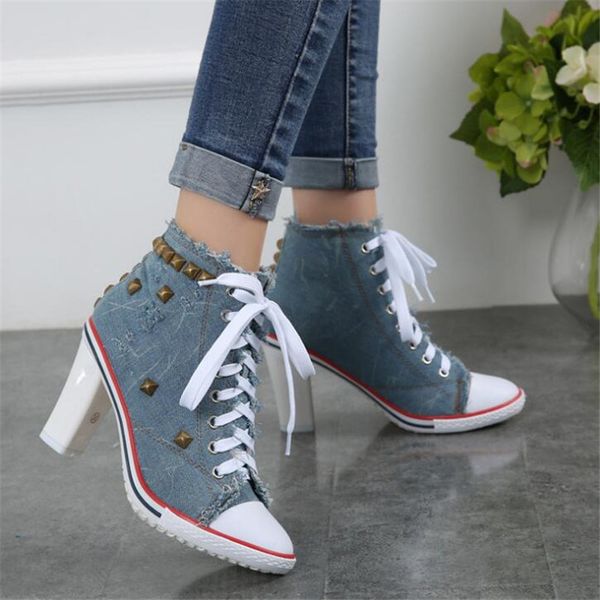 women canvas shoes denim high heels rivets shoes square heel 8cm fashion shoe laces sneakers women short women's pumps, Black
women canvas shoes denim high heels rivets shoes square heel 8cm fashion shoe laces sneakers women short women's pumps, Black