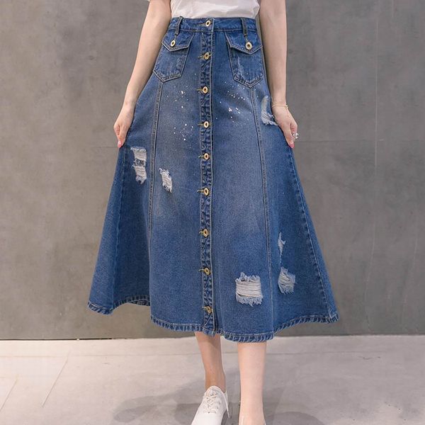 2019 women ripped cotton denim skirts front single breasted distressed hole long jeans skirts vintage summer faldas saia, Black
2019 women ripped cotton denim skirts front single breasted distressed hole long jeans skirts vintage summer faldas saia, Black