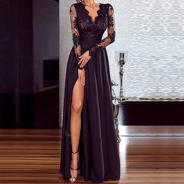 women black lace dress elegant wedding party dresses v neck long sleeve split long evening party perspective ladies dress, Black;gray
women black lace dress elegant wedding party dresses v neck long sleeve split long evening party perspective ladies dress, Black;gray