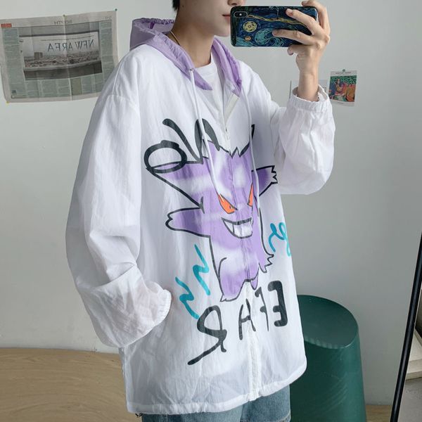 men's jackets 2021 summer and autumn korean couple loose printed thin section hooded contrast color casual large size sunscreen jacket, Black;brown 
men's jackets 2021 summer and autumn korean couple loose printed thin section hooded contrast color casual large size sunscreen jacket, Black;brown