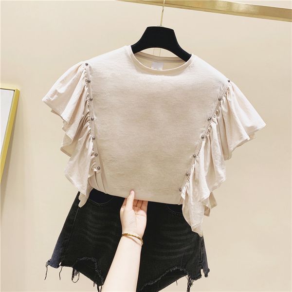 ruffled beaded short sleeve t-shirt female summer loose bluzki damskie girls ladies solid color t-shirt oversized t shirts, White
ruffled beaded short sleeve t-shirt female summer loose bluzki damskie girls ladies solid color t-shirt oversized t shirts, White