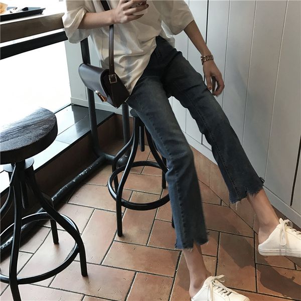 bottom notch wash grinding white jeans female slim fit nine micro straight pants, Blue
bottom notch wash grinding white jeans female slim fit nine micro straight pants, Blue
