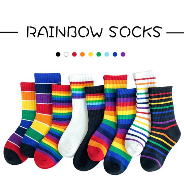 baby cute rainbow socks mid culf kids socks spring 2021 baby boy girl cotton socks 20010303, Pink;yellow
