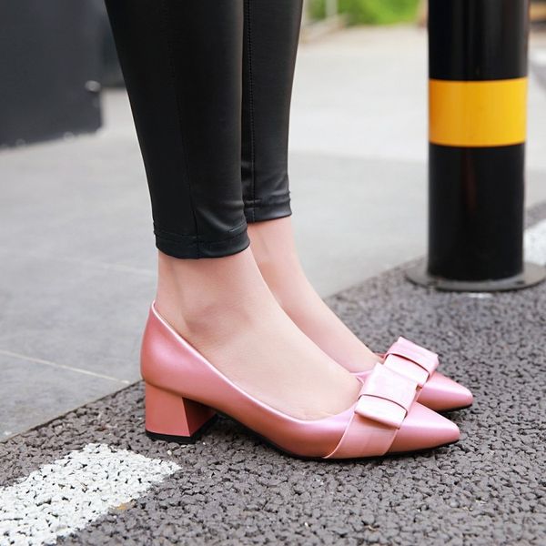 big size ladies high heels women shoes woman pumps shallow pointed bowknot thick heel single shoe, Black
