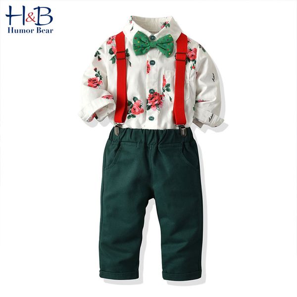 humor bear children's suit spring & autumn kids flowers gentleman long sleeve shirt +strap trousers + bow baby boys clothes set, White 
humor bear children's suit spring & autumn kids flowers gentleman long sleeve shirt +strap trousers + bow baby boys clothes set, White