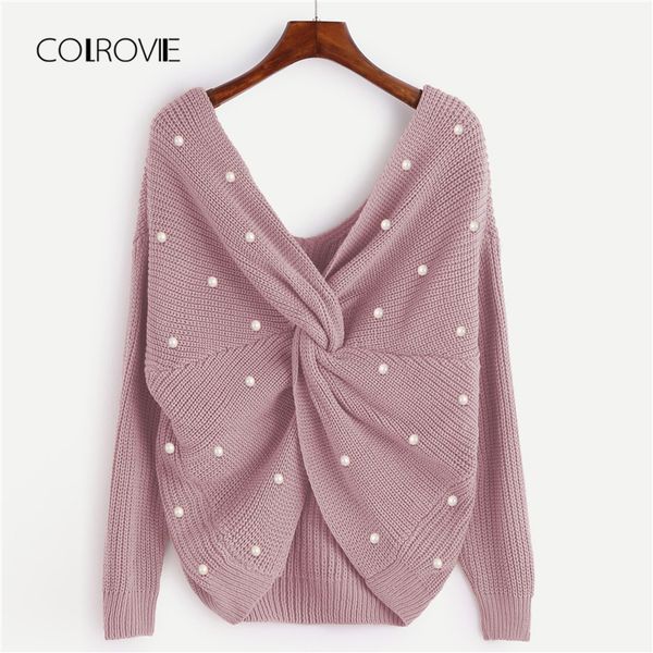 colrovie pink v-neck twist beads pearls winter knitted sweater women clothing 2018 autumn infinity pullover jumper lady sweaters, White;black
colrovie pink v-neck twist beads pearls winter knitted sweater women clothing 2018 autumn infinity pullover jumper lady sweaters, White;black