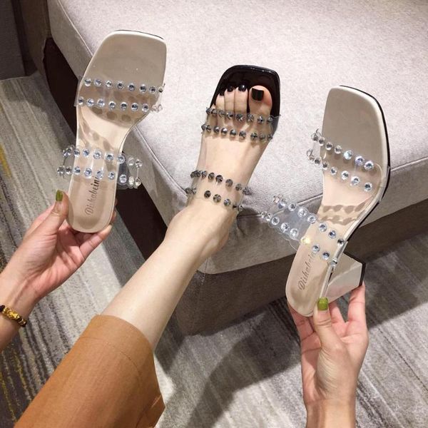 2020 new fashion slippers sandals open toe pvc slides rhinestone design slip on thick high heels slippers party wedding pumps, Black
2020 new fashion slippers sandals open toe pvc slides rhinestone design slip on thick high heels slippers party wedding pumps, Black