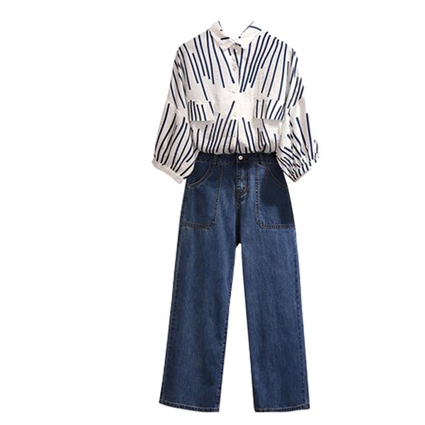 5xl 4xl 2019 spring summer two piece set women's striped shirt blouse+denim jeans pant women elegant slim suit work office, White
5xl 4xl 2019 spring summer two piece set women's striped shirt blouse+denim jeans pant women elegant slim suit work office, White
