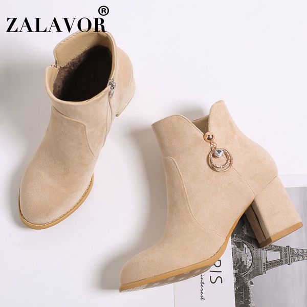 

zalavor plus size 31-48 simple women ankle boots zipper solid color thick heels shoes winter warm daily club women footwear, Black