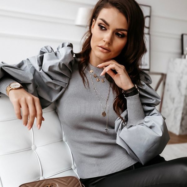 women's blouses & shirts office lady 2021 casual solid puff sleeve rib knitted blouse women spring pullover long o neck reguar fit, White
women's blouses & shirts office lady 2021 casual solid puff sleeve rib knitted blouse women spring pullover long o neck reguar fit, White