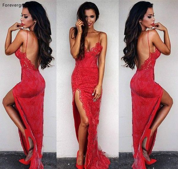red lace prom dress spaghetti straps backless split formal holidays wear graduation evening party gown custom made plus size, White;black
red lace prom dress spaghetti straps backless split formal holidays wear graduation evening party gown custom made plus size, White;black