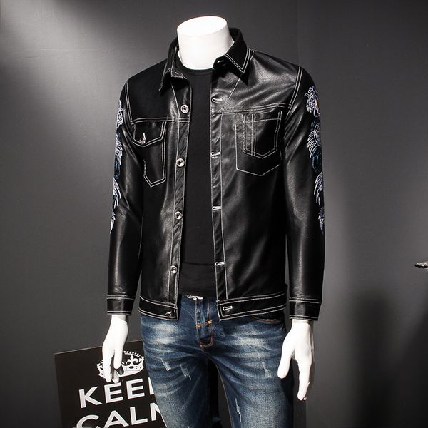 dragon print at sleeve wash pu leather jacket coat jaqueta de couro masculina slim fit button motor biking chaqueta cuero hombre, Black
dragon print at sleeve wash pu leather jacket coat jaqueta de couro masculina slim fit button motor biking chaqueta cuero hombre, Black