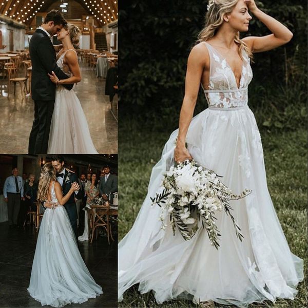 illusion bodice appliqued wedding dresses a line v neck sleeveless vestido de noiva backless tulle sweep train wedding gowns, White
illusion bodice appliqued wedding dresses a line v neck sleeveless vestido de noiva backless tulle sweep train wedding gowns, White