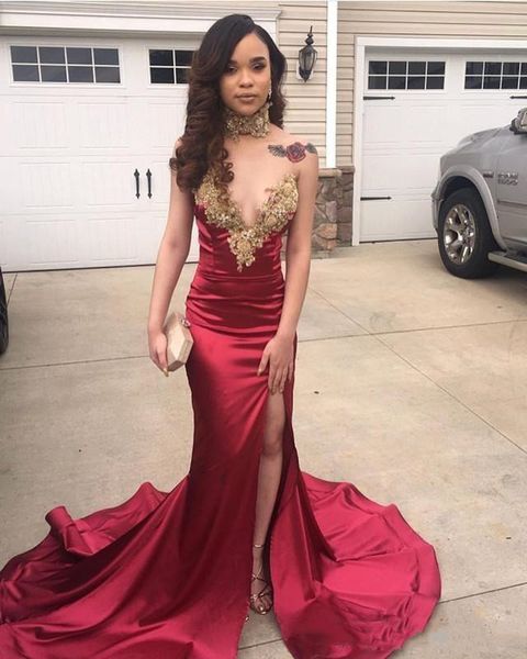 stunning burgundy mermaid prom dresses gold lace applique graduation dress side split beaded lace formal evening party dresses custom made, Black
stunning burgundy mermaid prom dresses gold lace applique graduation dress side split beaded lace formal evening party dresses custom made, Black