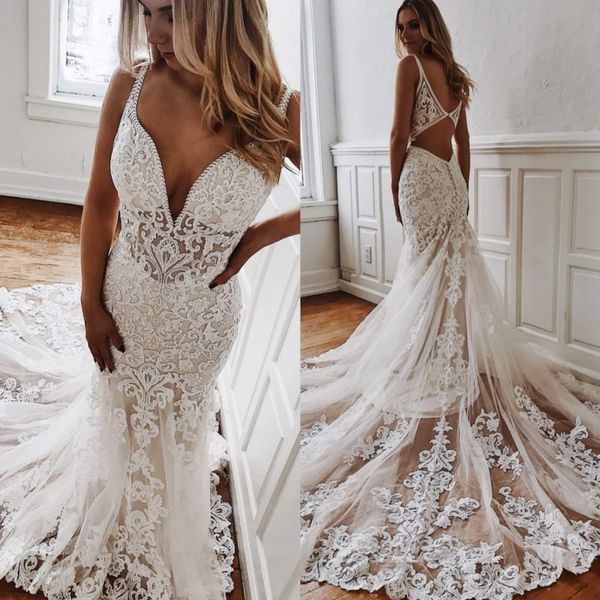 elegant mermaid lace beach wedding dresses v neck backless bridal gowns sweep train plus size appliqued boho vestido de novia, White
elegant mermaid lace beach wedding dresses v neck backless bridal gowns sweep train plus size appliqued boho vestido de novia, White