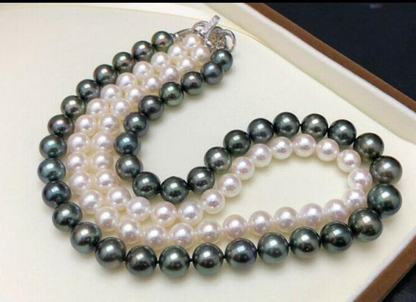 two necklace10-11mm white ,11-12mm black green tahitian perl necklaces, Silver