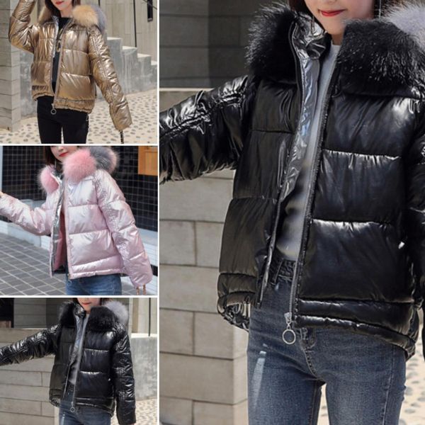 winter women long sleeve solid color cotton padded coat faux fur collar short down jacket outerwear waterproof glossy jackets, Black
winter women long sleeve solid color cotton padded coat faux fur collar short down jacket outerwear waterproof glossy jackets, Black