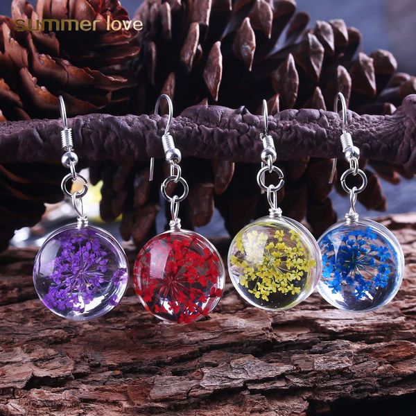 

sell dried flower glass pendant silver plating hook dangle earring for women unique design 10 color flower drop earring fashion jewelry