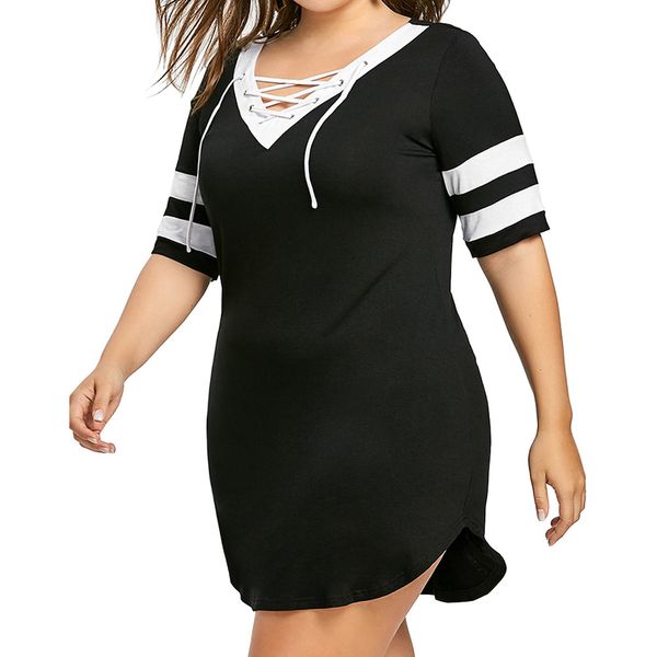 women plus size patchwork cross strap short sleeve split mini dress retro collar casual vintage vestidos de verano#30, Black;gray
women plus size patchwork cross strap short sleeve split mini dress retro collar casual vintage vestidos de verano#30, Black;gray