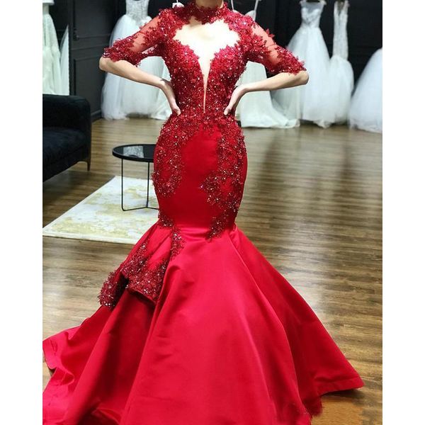 2019 red satin high neck lace appliques mermaid prom dresses half sleeves beaded formal evening gowns party pageant dresses, Black