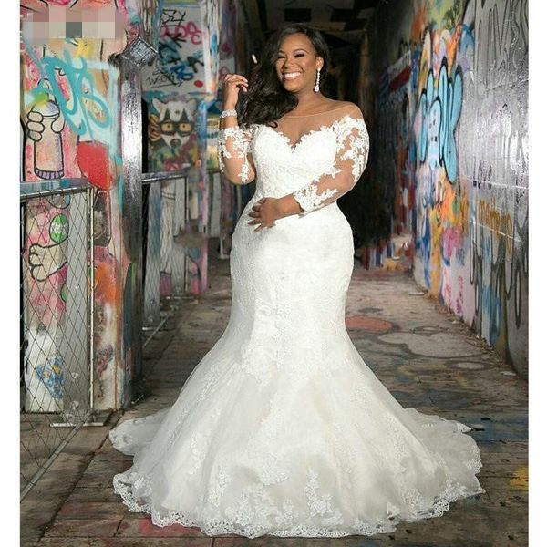 2020 vintage african wedding dresses illusion long sleeves sheer scoop neck appliques lace up back mermaid bridal gowns plus size, White
2020 vintage african wedding dresses illusion long sleeves sheer scoop neck appliques lace up back mermaid bridal gowns plus size, White