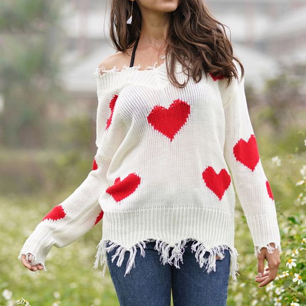 women's fashion large v-neck long sleeve tassel sweaters new love hearts knit irregular hem warm pullover sweaters, White;black
women's fashion large v-neck long sleeve tassel sweaters new love hearts knit irregular hem warm pullover sweaters, White;black