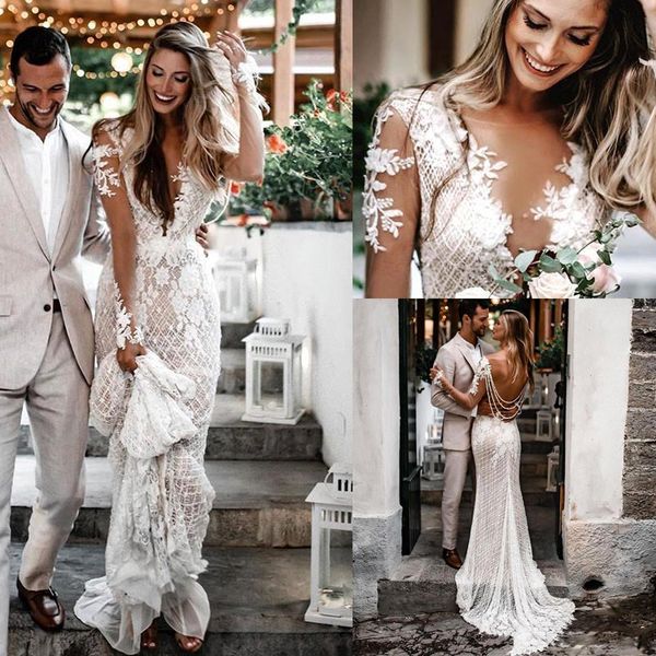 2020 bohemian long sleeve lace mermaid wedding dresses v-neck skin lining elegant bridal gowns country boho wedding dress bc3000, White
2020 bohemian long sleeve lace mermaid wedding dresses v-neck skin lining elegant bridal gowns country boho wedding dress bc3000, White