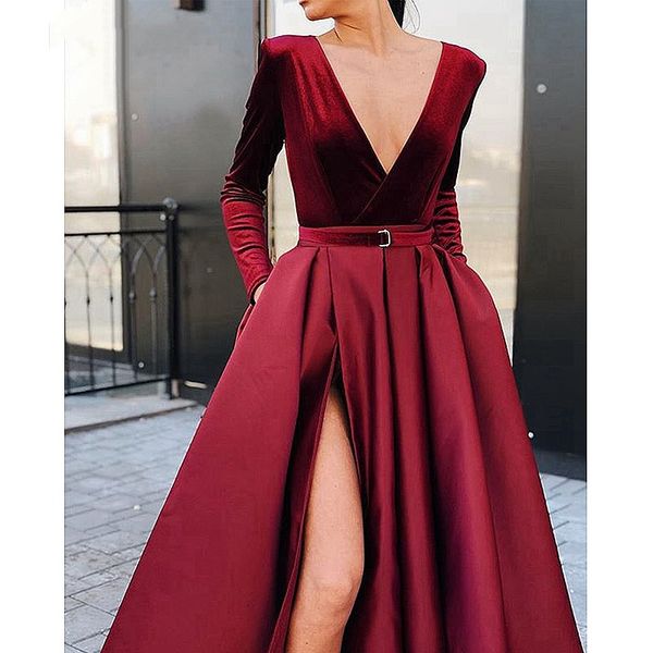

burgundy muslim evening dresses 2019 v-neck velour satin formal dress with pockets high slit elegant long sleeve evening gowns, White;black