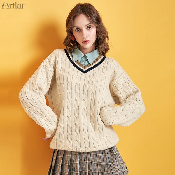 artka 2019 winter new women sweater fashion college style thick knitted sweaters o-neck pullover loose v-neck sweater y010096d, White;black
artka 2019 winter new women sweater fashion college style thick knitted sweaters o-neck pullover loose v-neck sweater y010096d, White;black