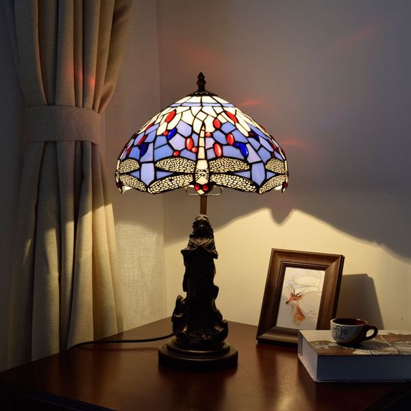 

30cm european modern lamps mediterranean blue dragonfly dining room bedroom bedside counter lamp bar tiffany stained glass lamp