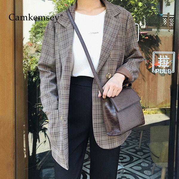 camkemsey autumn women casual blazer jackets korean fashion pockets office wear vintage plaid wokr ourfits coats, White;black
camkemsey autumn women casual blazer jackets korean fashion pockets office wear vintage plaid wokr ourfits coats, White;black