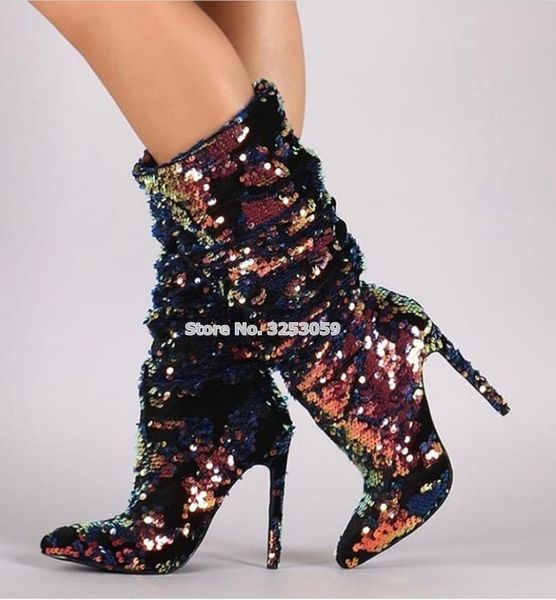 almudena women bling bling multi-color sequined mid-calf boots colorful paillette stiletto heels middle boots wedding shoes, Black 
almudena women bling bling multi-color sequined mid-calf boots colorful paillette stiletto heels middle boots wedding shoes, Black