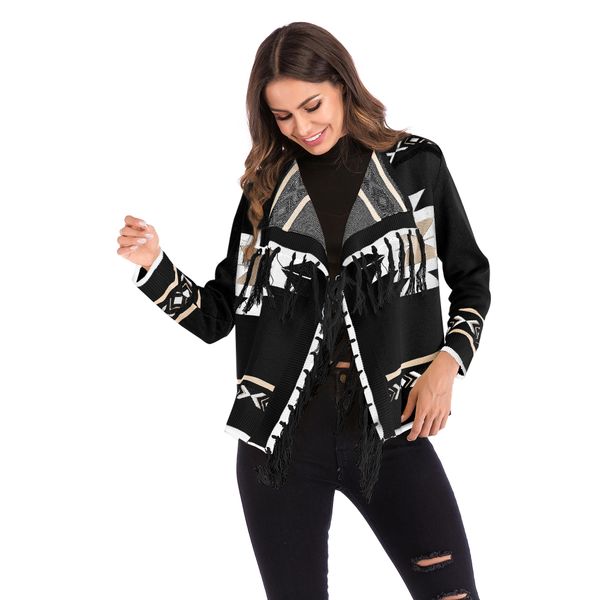 popular european and american women's new geometric pattern, tassel cape coat, color blocked long sleeve knitted cardigan, Black;brown
popular european and american women's new geometric pattern, tassel cape coat, color blocked long sleeve knitted cardigan, Black;brown