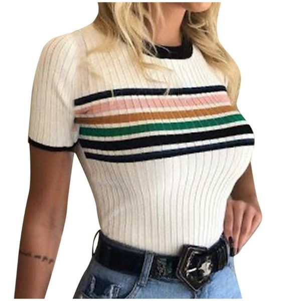 slim rainbow striped knit round neck shirts women summer flexible comfortable short sleeve roupas feminina #zc, White
slim rainbow striped knit round neck shirts women summer flexible comfortable short sleeve roupas feminina #zc, White