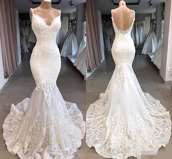 designer backless wedding dresses mermaid spaghetti straps lace applique sweep train custom made wedding gown vestido de novia, White
designer backless wedding dresses mermaid spaghetti straps lace applique sweep train custom made wedding gown vestido de novia, White