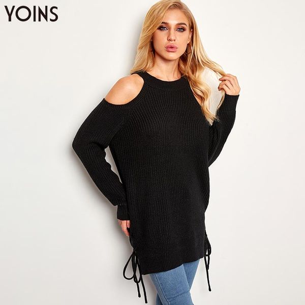 

yoins 2019 autumn winter clothes women lace-up hem cold shoulder knitting jumpers female pullover casual jersey mujer, White;black