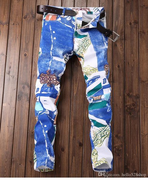 classic retro colorful printing jeans men's slim stretch tide pants designer biker painted long trousers four season, Blue
classic retro colorful printing jeans men's slim stretch tide pants designer biker painted long trousers four season, Blue