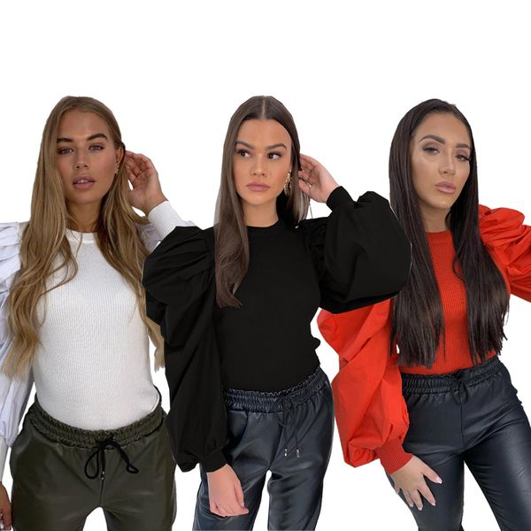 fashion women long puff sleeves bubble sleeves patchwork blouses rib solid color casual club party fall winter shirts blusas, White 
fashion women long puff sleeves bubble sleeves patchwork blouses rib solid color casual club party fall winter shirts blusas, White