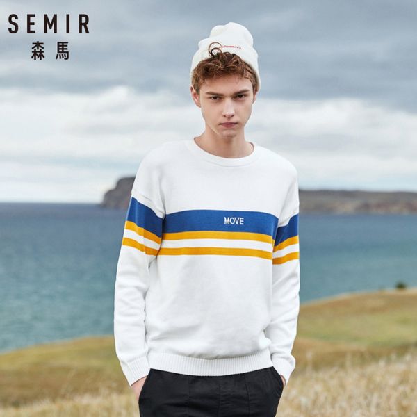 

semir men 100% cotton color block rib knit sweater embroidered mens pullover sweater ribbing at neckline cuff and hem for winter, White;black