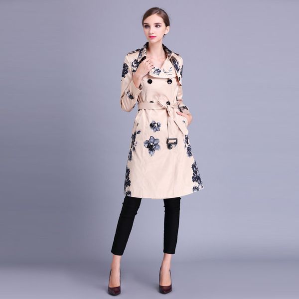 europe fashion 2017 autumn double breasted turn-down collar full sleeve flowers print with sashes khaki long coat women, Black
europe fashion 2017 autumn double breasted turn-down collar full sleeve flowers print with sashes khaki long coat women, Black